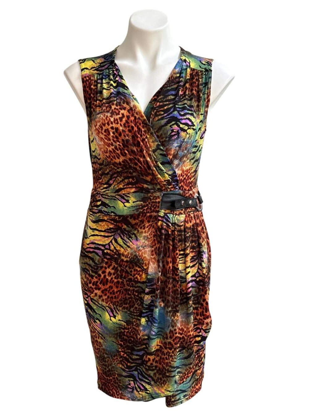Joseph Ribkoff Women's Multicolor Animal Print Sleeveless Faux Wrap Dress Size 8